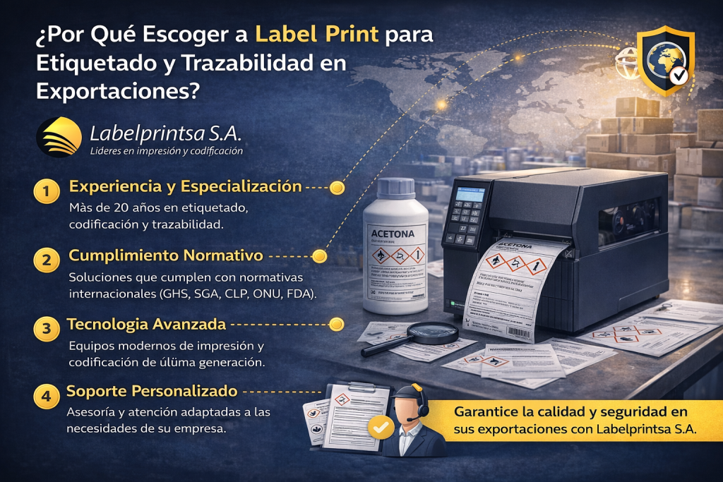 👉 Infografía sobre etiquetado y trazabilidad de productos químicos con enfoque en cumplimiento normativo, tecnología de impresión y soluciones de exportación de Label Print