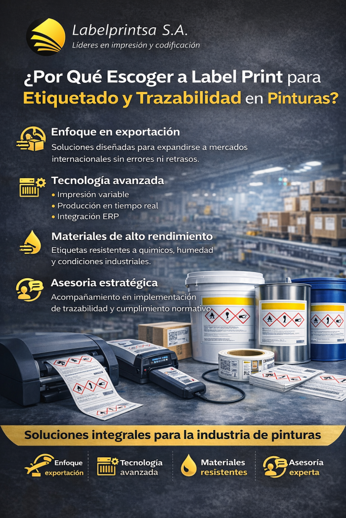 Infografía sobre etiquetado y trazabilidad en la industria de pinturas, destacando soluciones de exportación, tecnología de impresión y materiales resistentes de Label Print